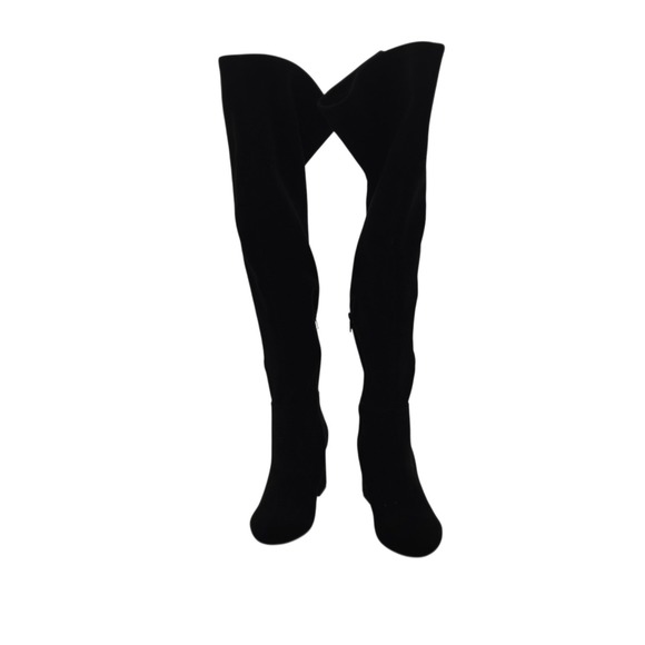 ShoeDazzle Nevaeh Black Over Knee Boots Gold Zip Modern Fall Chic 6 Retro Mod - Picture 10 of 11